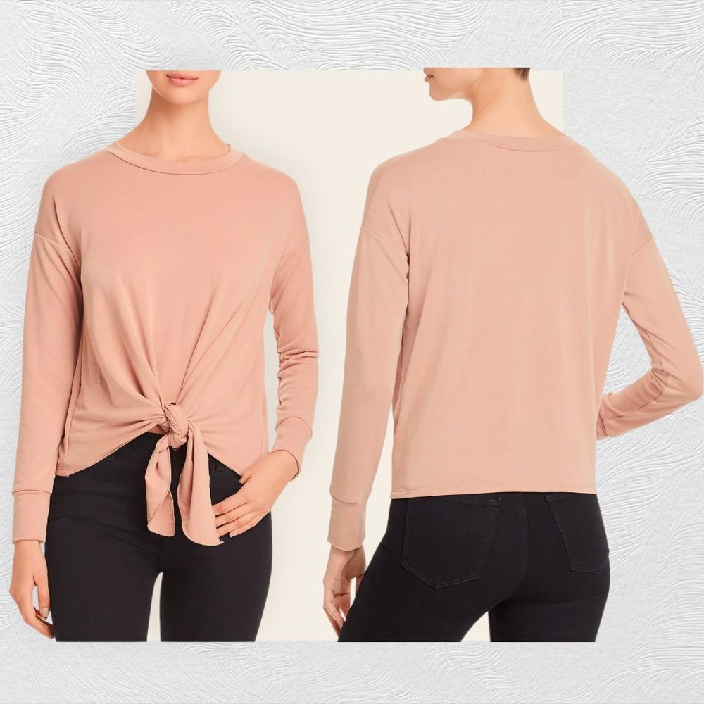 Elan Womens French Terry Tie Front Crew Neck Pullover Top Shirt